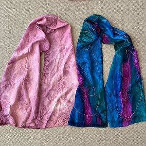 Vintage Silk Scarf Hand Rolled Edges Batik Dyed Rectangular Lot Of 2